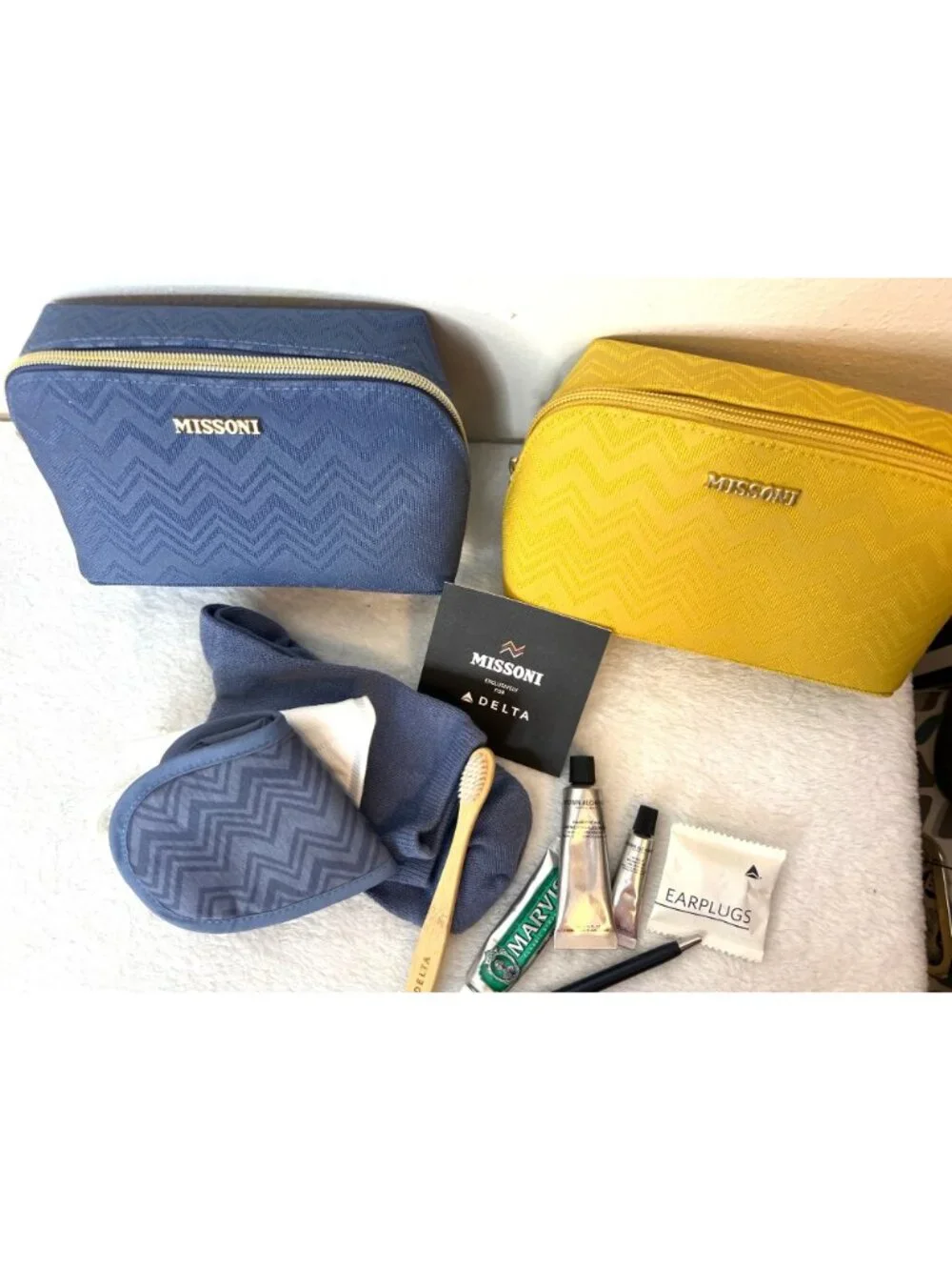 Missoni Delta One Amenity Kits bundle 2 Blue and Yellow Lot One w/Accessories